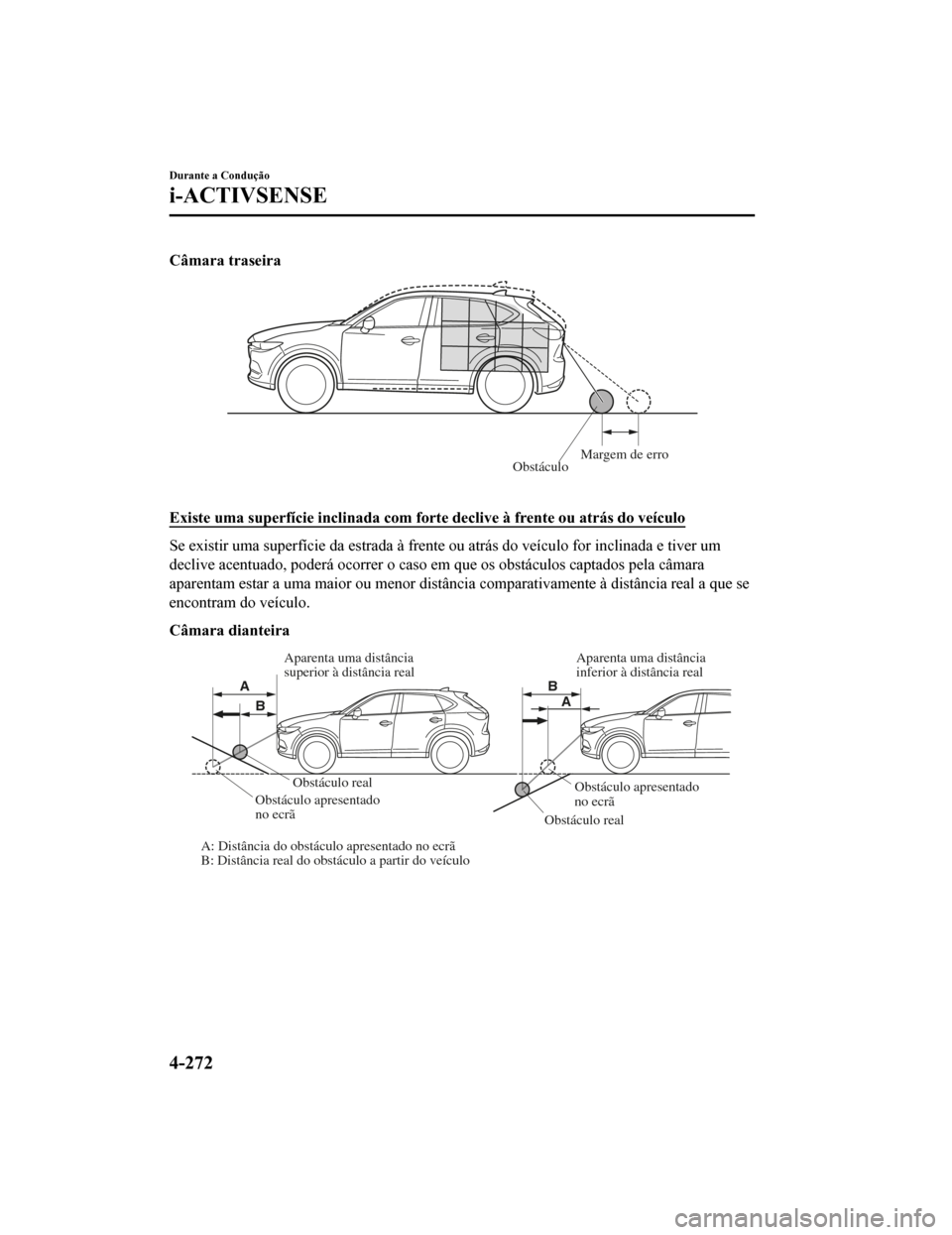 MAZDA MODEL CX-5 2019  Manual do proprietário (in Portuguese) Câmara traseira
ObstáculoMar
gem de erro
 
Existe uma superfície inclinada com forte declive à frente ou a trás do veículo
Se existir uma superfície da estrada à frente ou atrás do veícu lo 