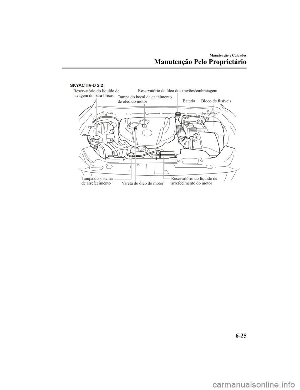 MAZDA MODEL CX-5 2019  Manual do proprietário (in Portuguese) Reservatório do líquido de 
lavagem do para-brisas
Tampa do bocal de enchimento 
de óleo do motorVareta do óleo do motor Bateria
Tampa do sistema 
de arrefecimento
Reservatório do líquido de 
ar