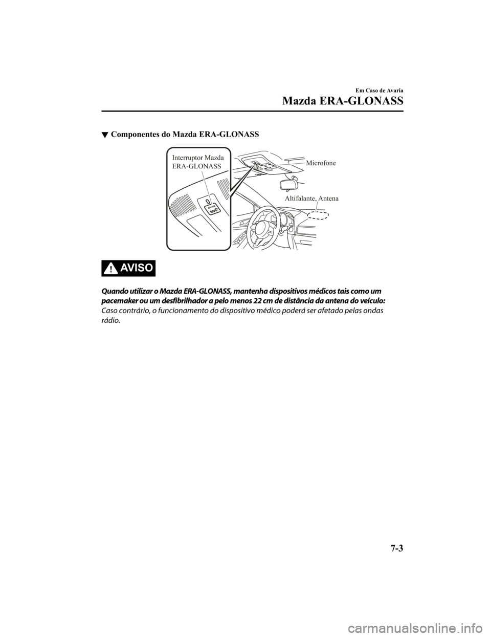 MAZDA MODEL CX-5 2019  Manual do proprietário (in Portuguese) Componentes do Mazda ERA-GLONASS
Altifalante, Antena
Interruptor Mazda 
ERA-GLONASS
Microfone
AV I S O
Quando utilizar o Mazda ERA-GLONASS, mantenha dispositivos médicos tais como um
pacemaker ou um 