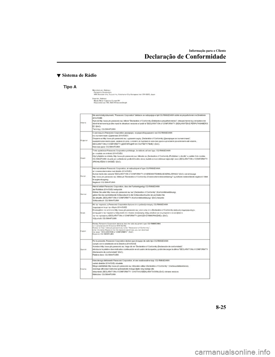 MAZDA MODEL CX-5 2019  Manual do proprietário (in Portuguese) Sistema de Rádio
Tipo A
Informação para o Cliente
Declaração de Conformidade
8-25
CX-5_8HD5-EE-18K-PT_Edition12019-2-14 18:44:08 