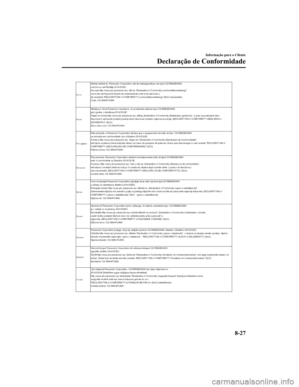 MAZDA MODEL CX-5 2019  Manual do proprietário (in Portuguese) Informação para o Cliente
Declaração de Conformidade
8-27
CX-5_8HD5-EE-18K-PT_Edition12019-2-14 18:44:08 
