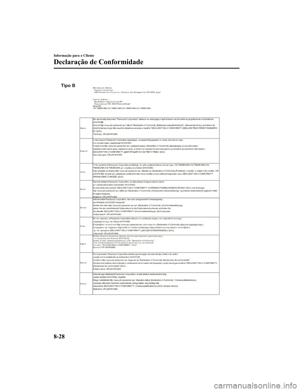 MAZDA MODEL CX-5 2019  Manual do proprietário (in Portuguese) Tipo B
Informação para o Cliente
Declaração de Conformidade
8-28
CX-5_8HD5-EE-18K-PT_Edition12019-2-14 18:44:08 