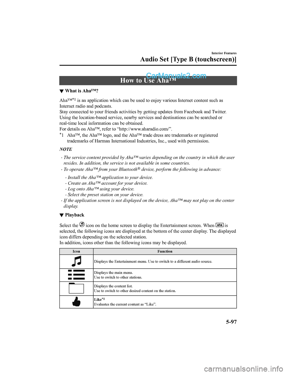 MAZDA MODEL CX-5 2018 Owners Manual (in English) How to Use Aha™
▼What is Aha™?
Aha™*1 is an application which can be used to enjoy various Internet
content such as
Internet radio and podcasts.
Stay connected to your friends act ivities by MAZDA MODEL CX-5 2018 Owners Manual (in English) How to Use Aha™
▼What is Aha™?
Aha™*1 is an application which can be used to enjoy various Internet
content such as
Internet radio and podcasts.
Stay connected to your friends act ivities by