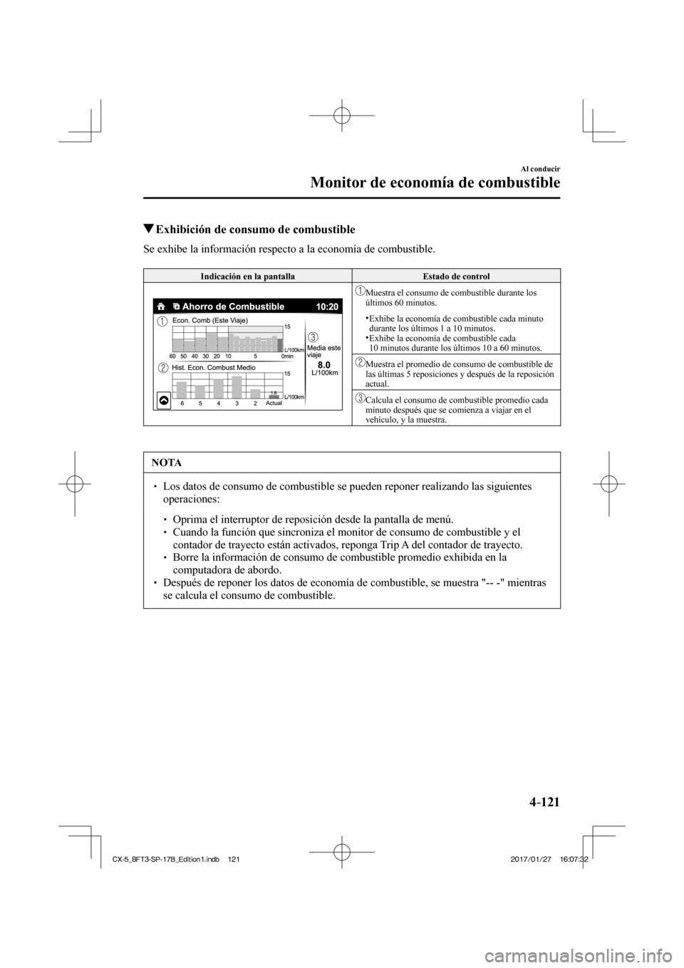 MAZDA MODEL CX-5 2018  Manual del propietario (in Spanish) 4–121
Al conducir
Monitor de economía de combustible
         Exhibición de consumo de combustible
              Se  exhibe  la  información  respecto  a  la  economía  de  combustible.
  
 Indi