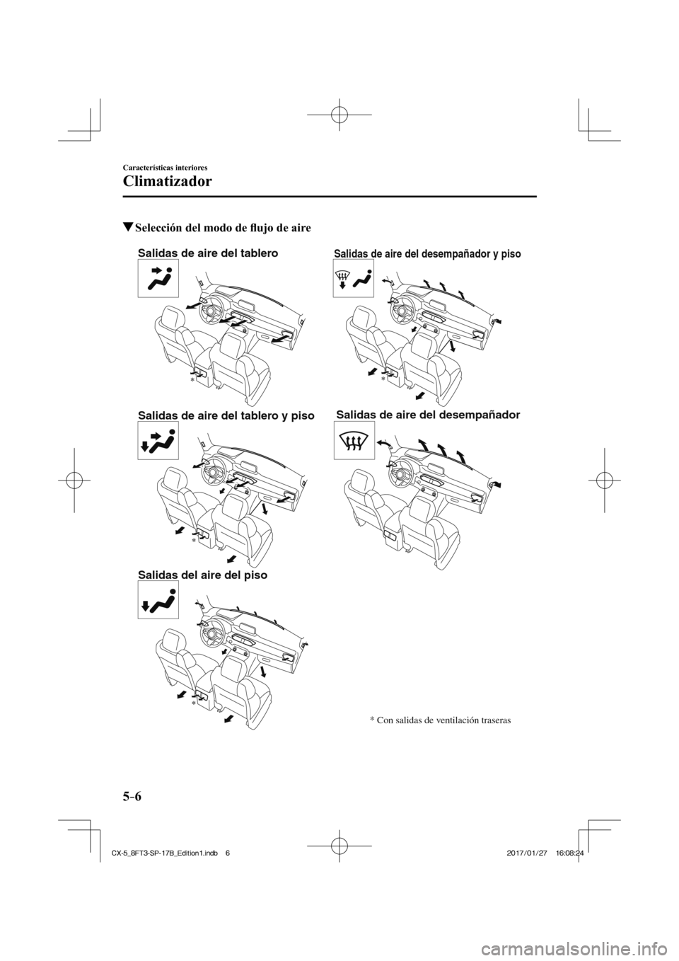 MAZDA MODEL CX-5 2018  Manual del propietario (in Spanish) 5–6
Características interiores
Climatizador
          Selección del modo de ﬂ ujo de aire
   
Salidas de aire del tablero
Salidas de aire del tablero y piso
Salidas del aire del pisoSalidas de a