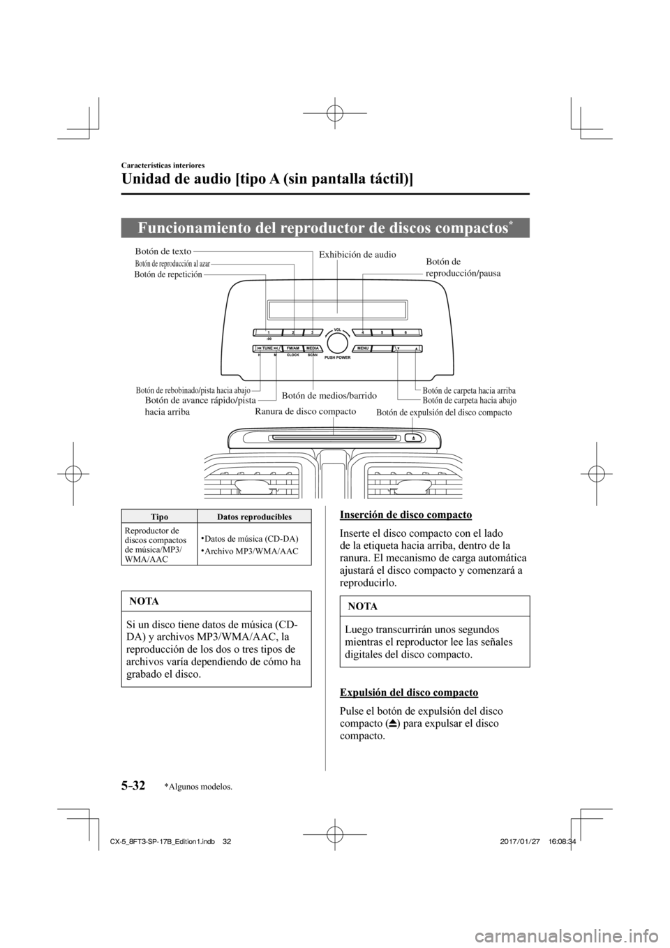 MAZDA MODEL CX-5 2018  Manual del propietario (in Spanish) 5–32
Características interiores
Unidad de audio [tipo A (sin pantalla táctil)]
*Algunos modelos.
 Funcionamiento del reproductor de discos compactos * 
           
Ranura de disco compactoBotón d
