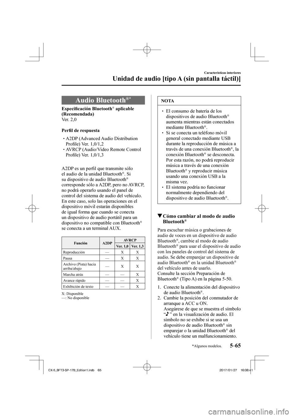 MAZDA MODEL CX-5 2018  Manual del propietario (in Spanish) 5–65
Características interiores
Unidad de audio [tipo A (sin pantalla táctil)]
*Algunos modelos.
 Audio  Bluetooth ®  * 
             Especiﬁ cación Bluetooth ®   aplicable 
(Recomendada) 
  