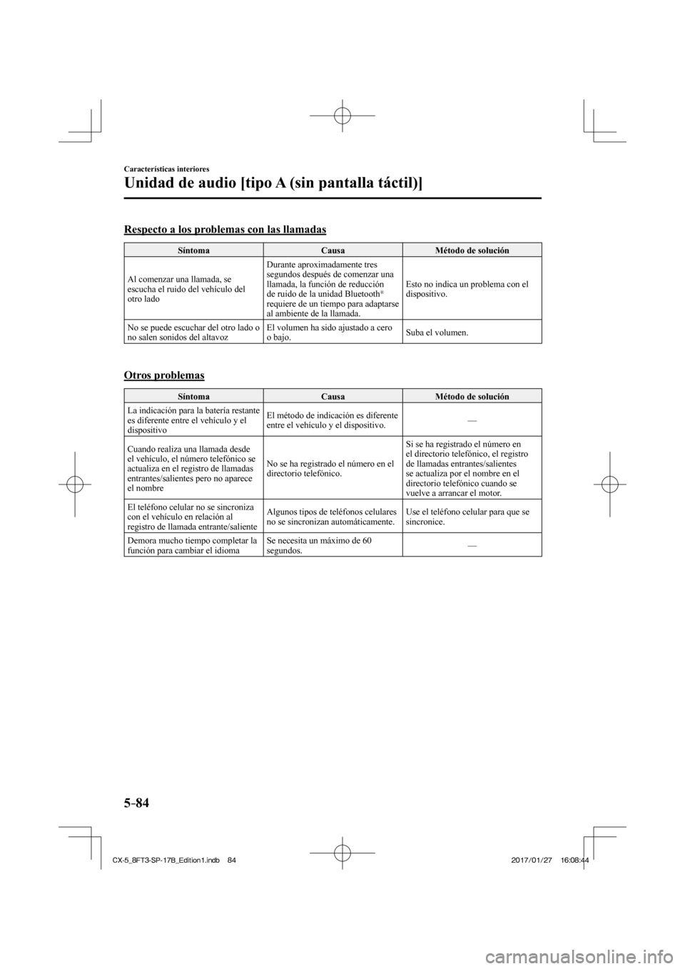 MAZDA MODEL CX-5 2018  Manual del propietario (in Spanish) 5–84
Características interiores
Unidad de audio [tipo A (sin pantalla táctil)]
    Respecto a los problemas con las llamadas
 Síntoma  Causa  Método  de  solución 
 Al comenzar una llamada, se 
