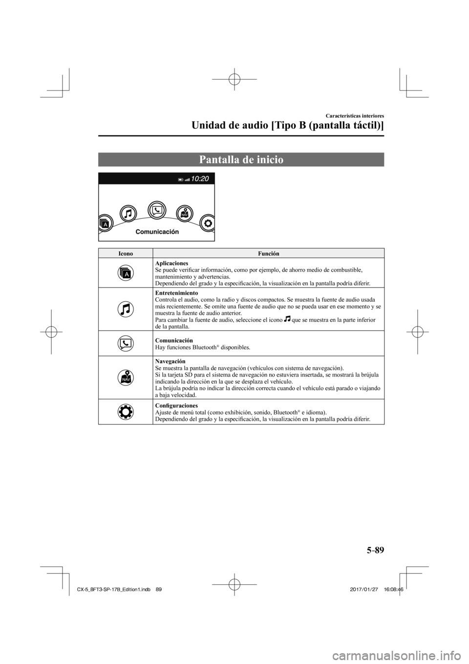 MAZDA MODEL CX-5 2018  Manual del propietario (in Spanish) 5–89
Características interiores
Unidad de audio [Tipo B (pantalla táctil)]
 Pantalla de inicio
    
 Icono  Función 
 
    Aplicaciones 
  Se  puede  veri
ﬁ car información, como por ejemplo, 