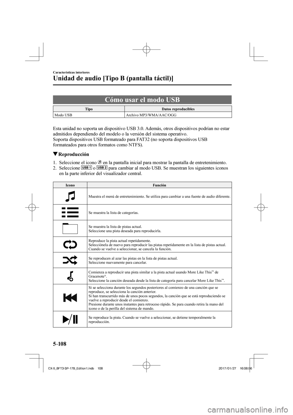 MAZDA MODEL CX-5 2018  Manual del propietario (in Spanish) 5–10 8
Características interiores
Unidad de audio [Tipo B (pantalla táctil)]
 Cómo usar el modo USB
 Tipo  Datos  reproducibles 
 Modo  USB   Archivo  MP3/WMA/AAC/OGG 
   
  Esta unidad no soport
