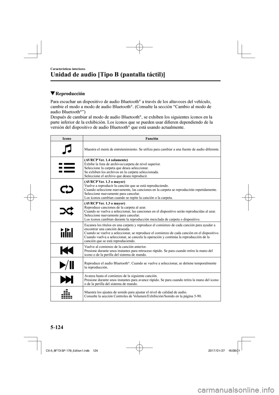 MAZDA MODEL CX-5 2018  Manual del propietario (in Spanish) 5–124
Características interiores
Unidad de audio [Tipo B (pantalla táctil)]
          Reproducción
    Para escuchar un dispositivo de audio Bluetooth ®  a través de los altavoces del vehículo