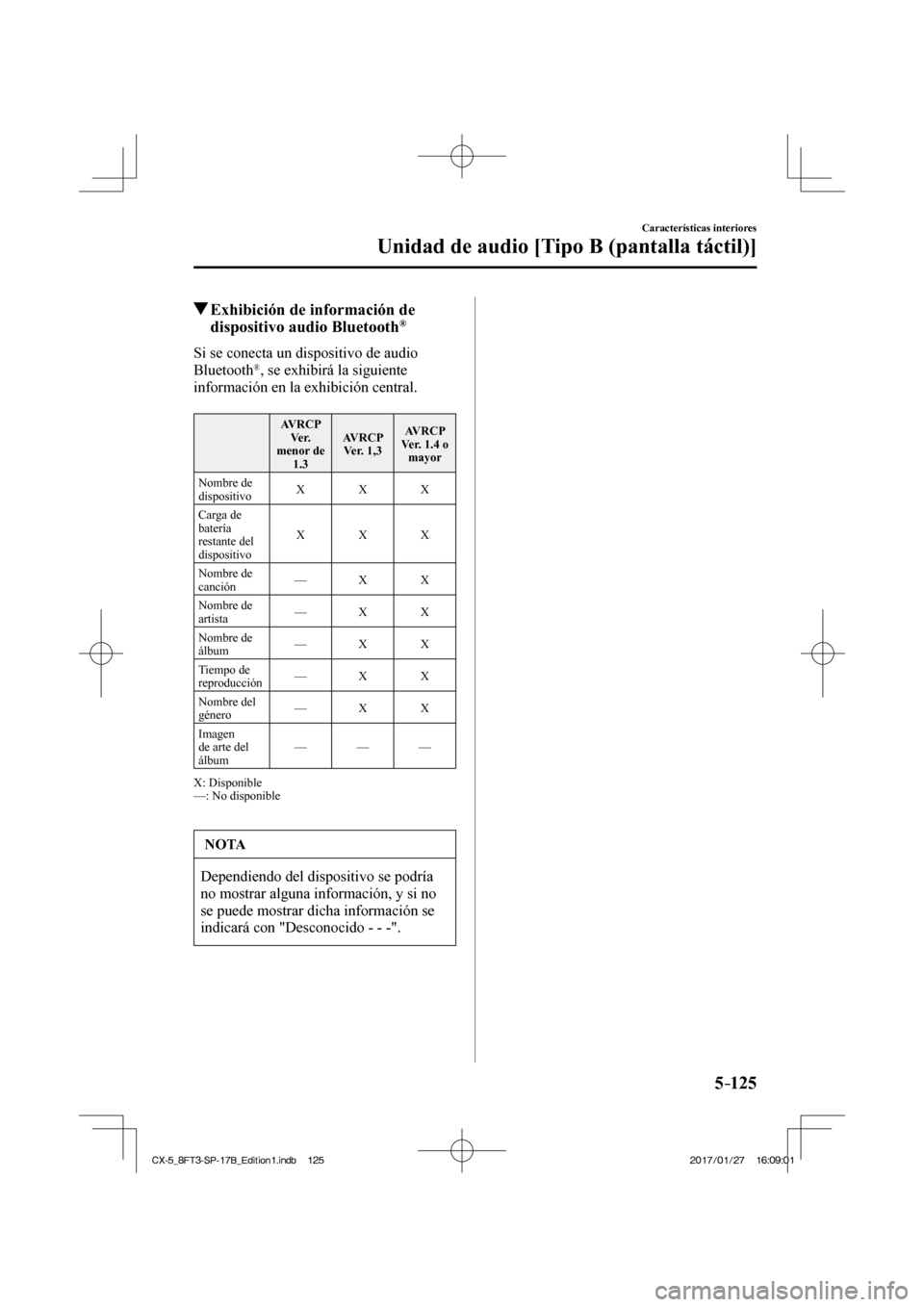 MAZDA MODEL CX-5 2018  Manual del propietario (in Spanish) 5–125
Características interiores
Unidad de audio [Tipo B (pantalla táctil)]
          Exhibición de información de dispositivo audio Bluetooth ® 
    Si se conecta un dispositivo de audio 
Blue