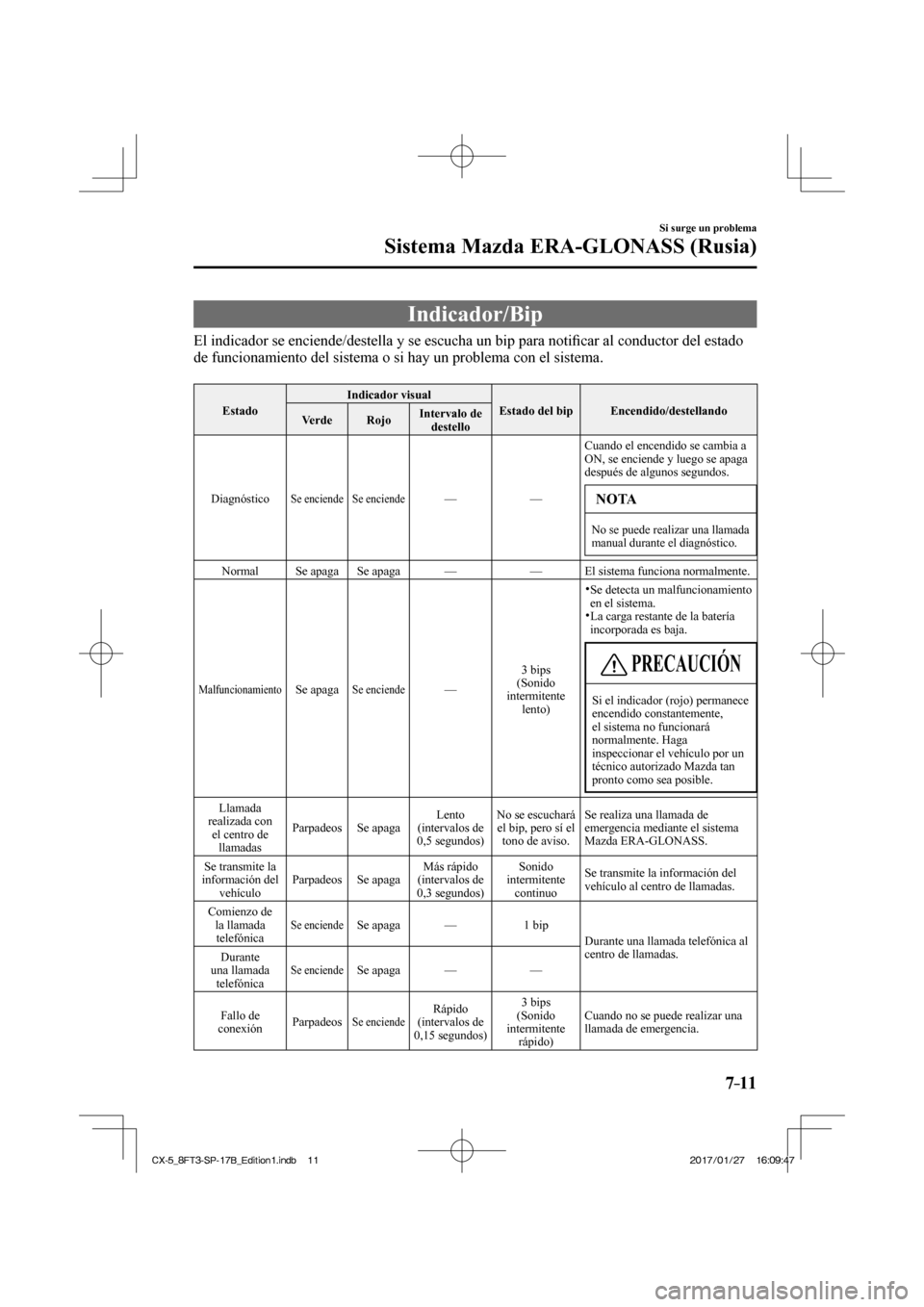 MAZDA MODEL CX-5 2018 Manual del propietario (in Spanish) 7–11
Si surge un problema
Sistema Mazda ERA-GLONASS (Rusia)
Indicador/Bip
El indicador se enciende/destella y se escucha un bip para notifi car al conductor del estado
de funcionamiento del s MAZDA MODEL CX-5 2018 Manual del propietario (in Spanish) 7–11
Si surge un problema
Sistema Mazda ERA-GLONASS (Rusia)
Indicador/Bip
El indicador se enciende/destella y se escucha un bip para notifi car al conductor del estado
de funcionamiento del s