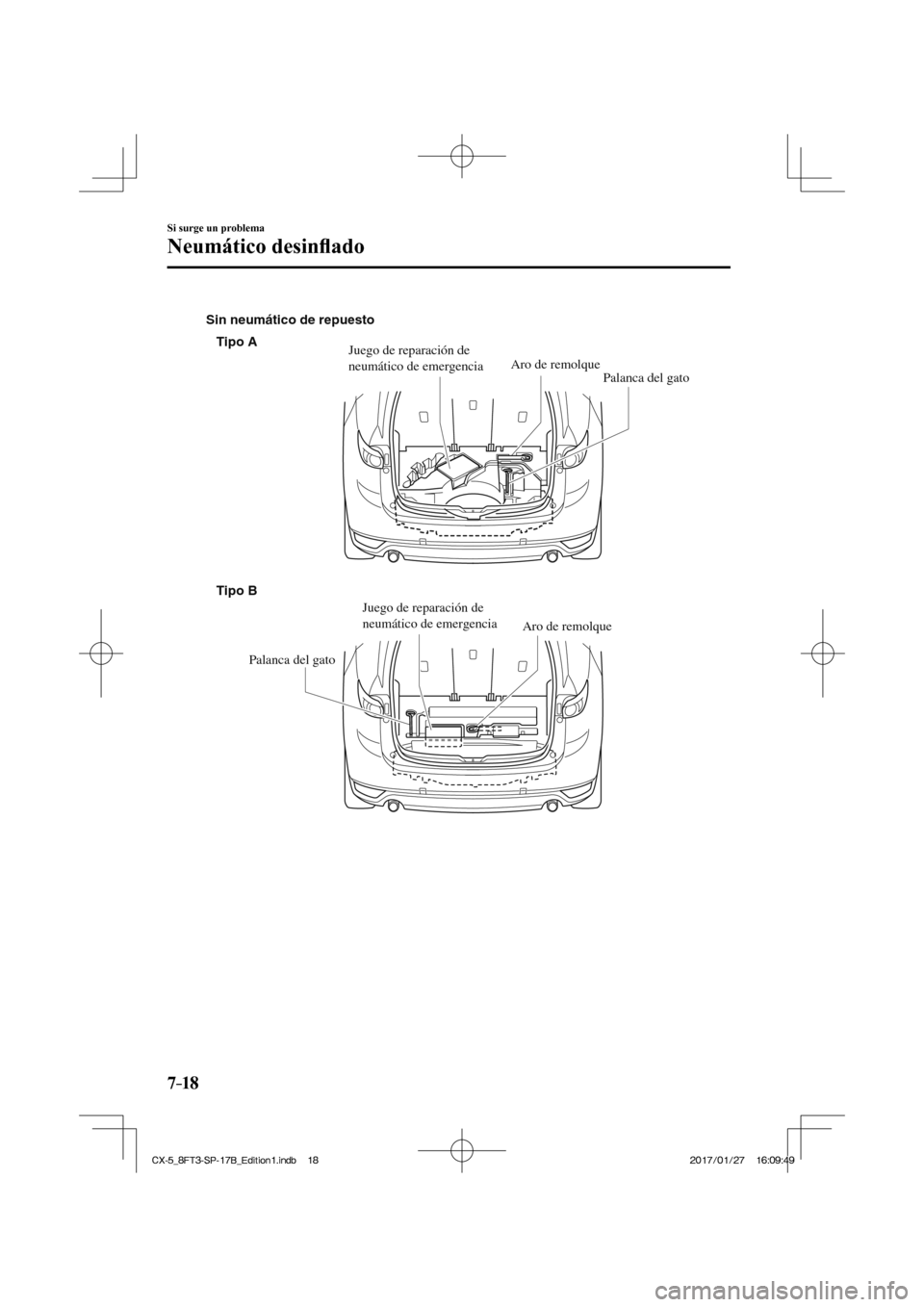 MAZDA MODEL CX-5 2018  Manual del propietario (in Spanish) 7–18
Si surge un problema
Neumático desinﬂ ado
 
Tipo A
Tipo B
Sin neumático de repuesto
Palanca del gato
Aro de remolque
Juego de reparación de 
neumático de emergencia
Palanca del gato Aro d