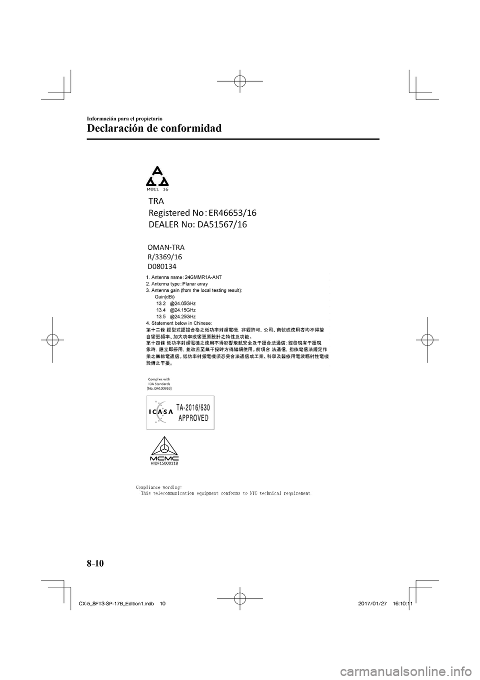 MAZDA MODEL CX-5 2018  Manual del propietario (in Spanish) 8–10
Información para el propietario
Declaración de conformidad
  
CX-5_8FT3-SP-17B_Edition1.indb   10
CX-5_8FT3-SP-17B_Edition1.indb   102017/01/27   16:10:11
2017/01/27   16:10:11 