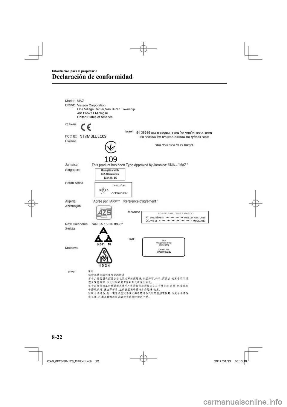 MAZDA MODEL CX-5 2018  Manual del propietario (in Spanish) 8–22
Información para el propietario
Declaración de conformidad
  
CX-5_8FT3-SP-17B_Edition1.indb   22
CX-5_8FT3-SP-17B_Edition1.indb   222017/01/27   16:10:16
2017/01/27   16:10:16 