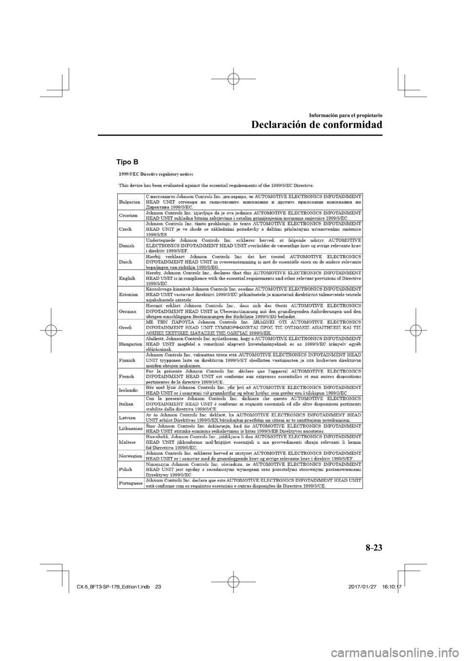 MAZDA MODEL CX-5 2018  Manual del propietario (in Spanish) 8–23
Información para el propietario
Declaración de conformidad
 
Tipo B
 
CX-5_8FT3-SP-17B_Edition1.indb   23
CX-5_8FT3-SP-17B_Edition1.indb   232017/01/27   16:10:17
2017/01/27   16:10:17 