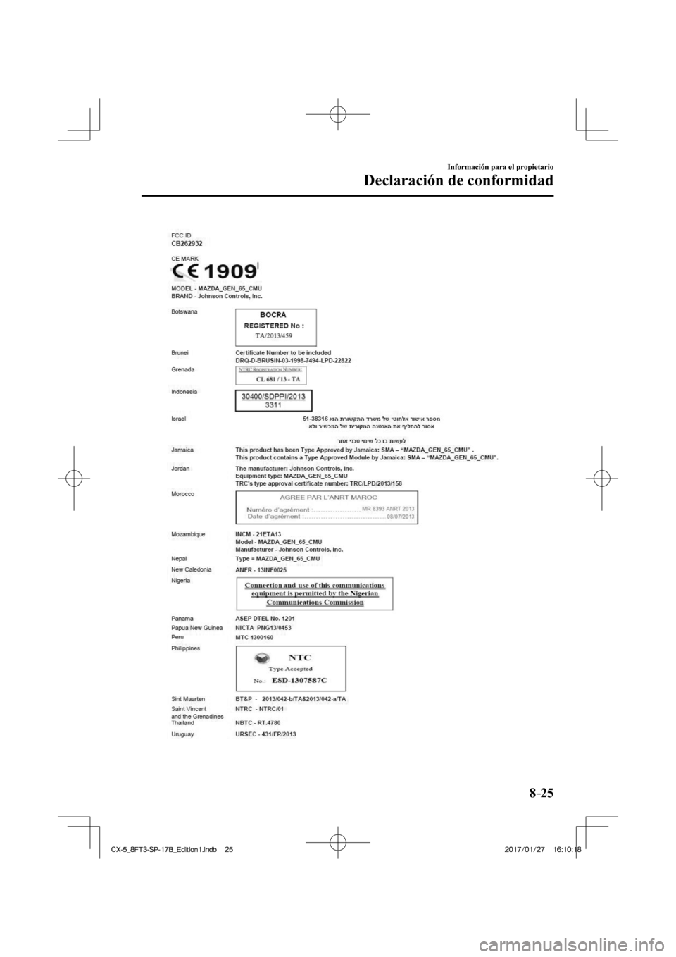 MAZDA MODEL CX-5 2018  Manual del propietario (in Spanish) 8–25
Información para el propietario
Declaración de conformidad
  
CX-5_8FT3-SP-17B_Edition1.indb   25
CX-5_8FT3-SP-17B_Edition1.indb   252017/01/27   16:10:18
2017/01/27   16:10:18 