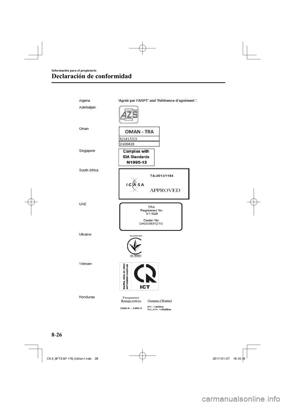 MAZDA MODEL CX-5 2018  Manual del propietario (in Spanish) 8–26
Información para el propietario
Declaración de conformidad
  
CX-5_8FT3-SP-17B_Edition1.indb   26
CX-5_8FT3-SP-17B_Edition1.indb   262017/01/27   16:10:18
2017/01/27   16:10:18 