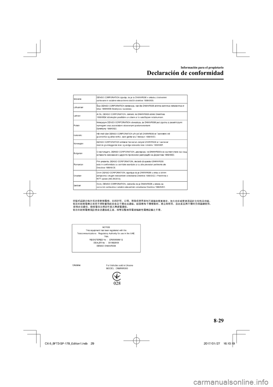 MAZDA MODEL CX-5 2018  Manual del propietario (in Spanish) 8–29
Información para el propietario
Declaración de conformidad
  
CX-5_8FT3-SP-17B_Edition1.indb   29
CX-5_8FT3-SP-17B_Edition1.indb   292017/01/27   16:10:19
2017/01/27   16:10:19 