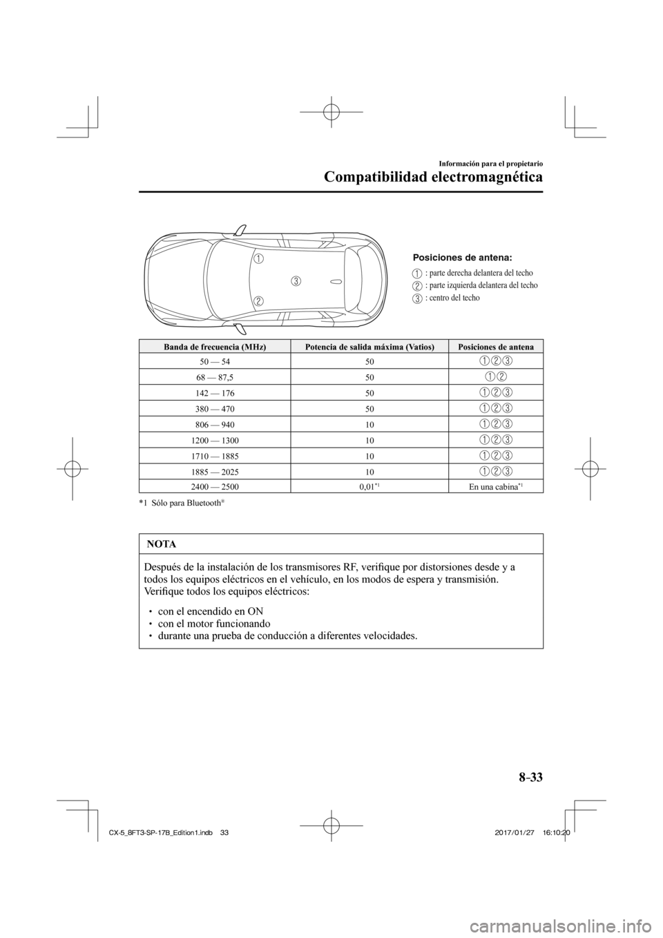 MAZDA MODEL CX-5 2018  Manual del propietario (in Spanish) 8–33
Información para el propietario
Compatibilidad electromagnética
 
Posiciones de antena:
: parte derecha delantera del techo
: parte izquierda delantera del techo
: centro del techo
 
 Banda d