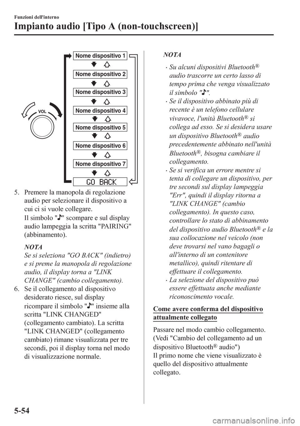 MAZDA MODEL CX-5 2018  Manuale del proprietario (in Italian) Nome dispositivo 1
Nome dispositivo 2
Nome dispositivo 3
Nome dispositivo 4
Nome dispositivo 5
Nome dispositivo 6
Nome dispositivo 7
5. Premere la manopola di regolazione
audio per selezionare il disp