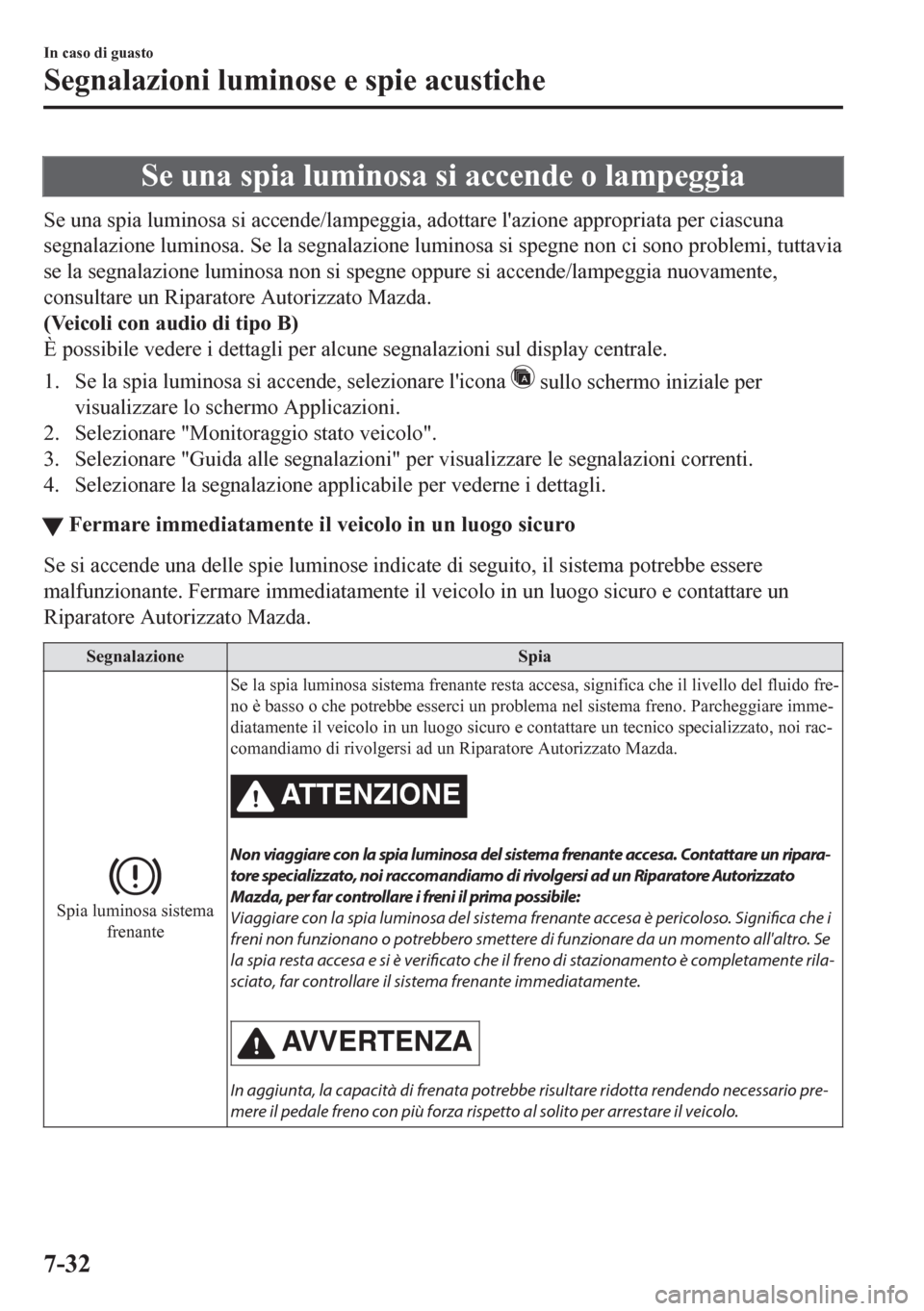 MAZDA MODEL CX-5 2018  Manuale del proprietario (in Italian) Se una spia luminosa si accende o lampeggia
Se una spia luminosa si accende/lampeggia, adottare lazione appropriata per ciascuna
segnalazione luminosa. Se la segnalazione luminosa si spegne non ci so