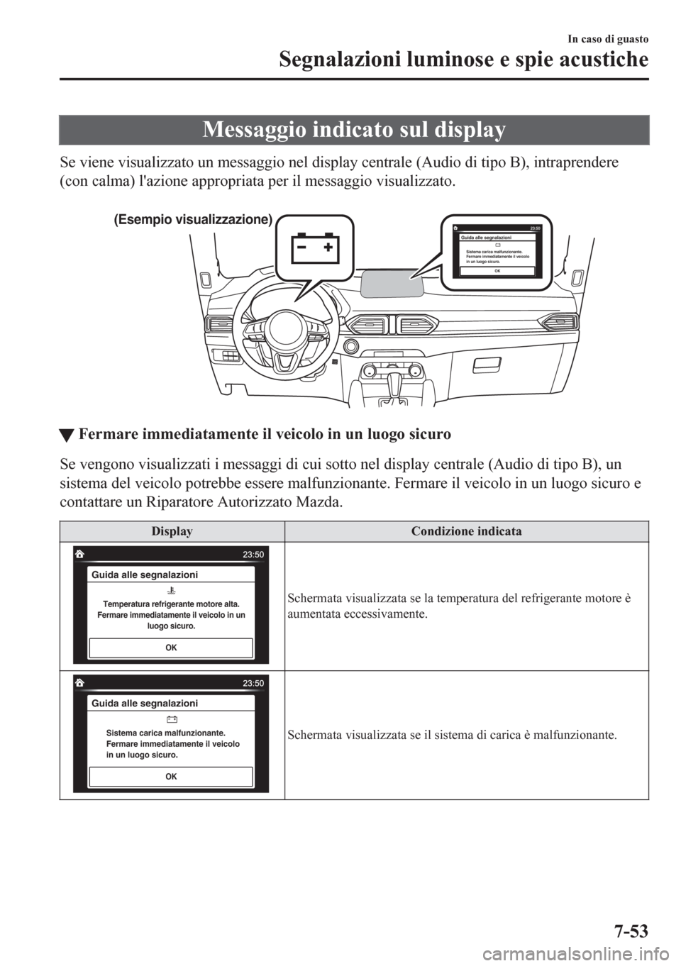MAZDA MODEL CX-5 2018  Manuale del proprietario (in Italian) Messaggio indicato sul display
Se viene visualizzato un messaggio nel display centrale (Audio di tipo B), intraprendere
(con calma) lazione appropriata per il messaggio visualizzato.
 
(Esempio visua