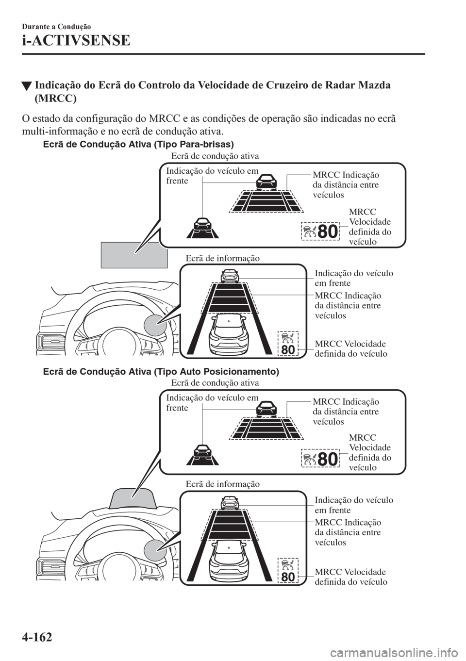 MAZDA MODEL CX-5 2018  Manual do proprietário (in Portuguese) tIndicação do Ecrã do Controlo da Velocidade de Cruzeiro de Radar Mazda
(MRCC)
O estado da configuração do MRCC e as condições de operação são indicadas no ecrã
multi-informação e no ecr