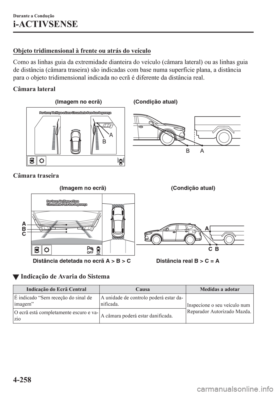 MAZDA MODEL CX-5 2018  Manual do proprietário (in Portuguese) Objeto tridimensional à frente ou atrás do veículo
Como as linhas guia da extremidade dianteira do veículo (câmara lateral) ou as linhas guia
de distância (câmara traseira) são indicadas com b
