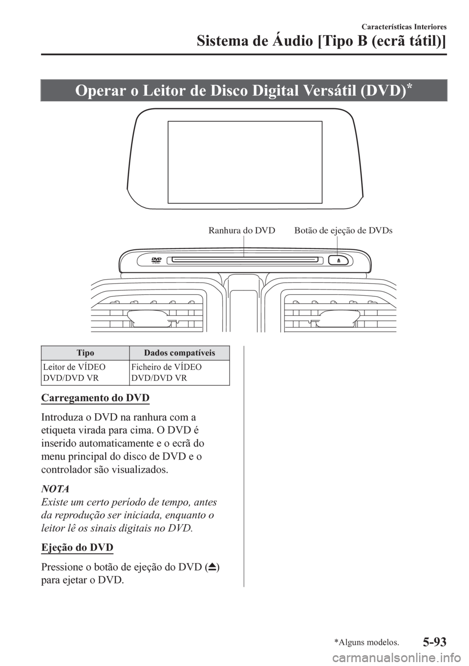 MAZDA MODEL CX-5 2018  Manual do proprietário (in Portuguese) Operar o Leitor de Disco Digital Versátil (DVD)*
Ranhura do DVD Botão de ejeção de DVDs
Tipo Dados compatíveis
Leitor de VÍDEO
DVD/DVD VRFicheiro de VÍDEO
DVD/DVD VR
Carregamento do DVD
Introdu