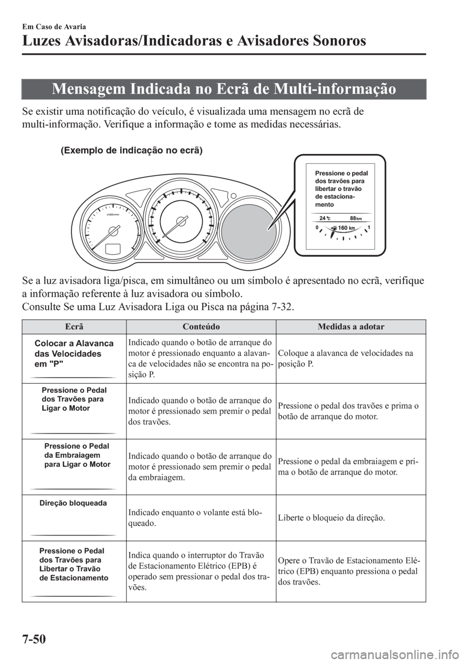 MAZDA MODEL CX-5 2018  Manual do proprietário (in Portuguese) Mensagem Indicada no Ecrã de Multi-informação
Se existir uma notificação do veículo, é visualizada uma mensagem no ecrã de
multi-informação. Verifique a informação e tome as medidas necess