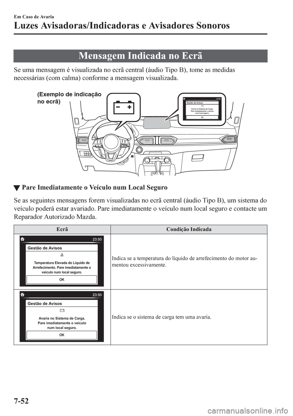 MAZDA MODEL CX-5 2018  Manual do proprietário (in Portuguese) Mensagem Indicada no Ecrã
Se uma mensagem é visualizada no ecrã central (áudio Tipo B), tome as medidas
necessárias (com calma) conforme a mensagem visualizada.
 
(Exemplo de indicação 
no ecr