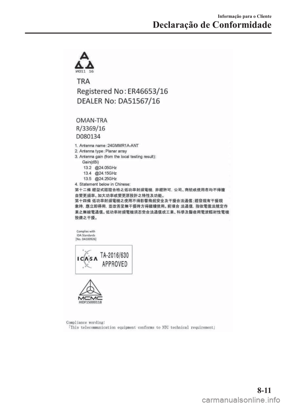 MAZDA MODEL CX-5 2018  Manual do proprietário (in Portuguese) Informação para o Cliente
Declaração de Conformidade
8-11 