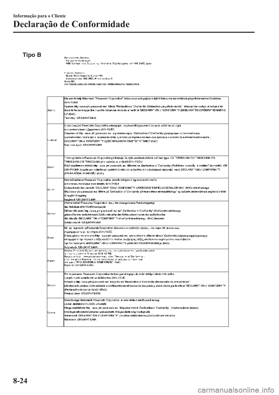 MAZDA MODEL CX-5 2018  Manual do proprietário (in Portuguese) Tipo B
Informação para o Cliente
Declaração de Conformidade
8-24 