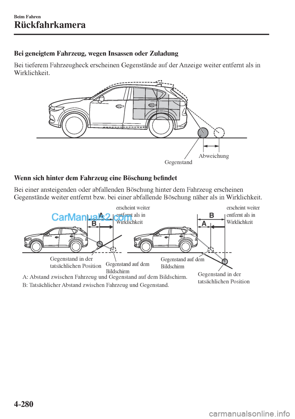 MAZDA MODEL CX-5 2017  Betriebsanleitung (in German) 4–280
Beim Fahren
Rückfahrkamera
  Bei geneigtem Fahrzeug, wegen Insassen oder Zuladung
    Bei tieferem Fahrzeugheck erscheinen Gegenstände auf der Anzeige weiter entfernt als in 
Wirklichkeit.
 