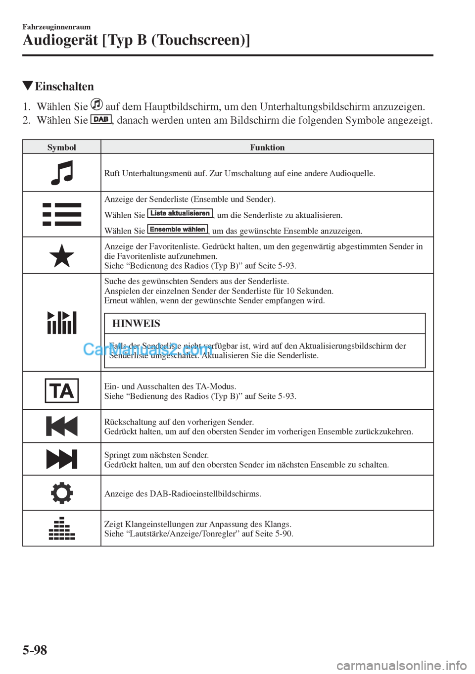 MAZDA MODEL CX-5 2017  Betriebsanleitung (in German) 5–98
Fahrzeuginnenraum
Audiogerät [Typ B (Touchscreen)]
          Einschalten
     1.   Wählen  Sie     auf dem Hauptbildschirm, um den Unterhaltungsbildschirm anzuzeigen.
   2.   Wählen  Sie   
