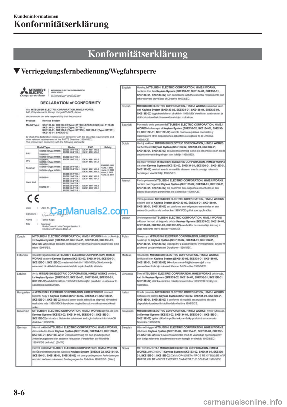 MAZDA MODEL CX-5 2017  Betriebsanleitung (in German) 8–6
Kundeninformationen
Konformitätserklärung
      Konformitätserklärung
       Verriegelungsfernbedienung/Wegfahrsperre
      