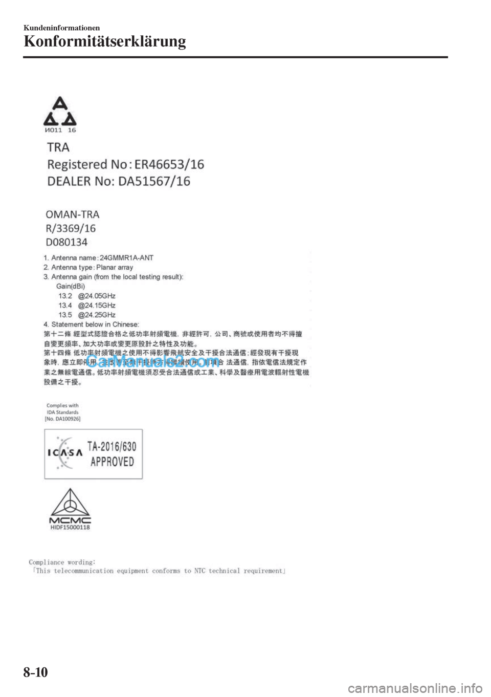 MAZDA MODEL CX-5 2017  Betriebsanleitung (in German) 8–10
Kundeninformationen
Konformitätserklärung
    