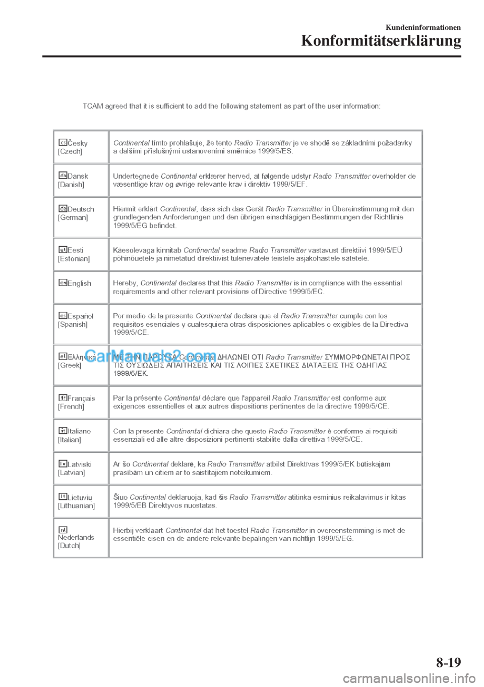 MAZDA MODEL CX-5 2017  Betriebsanleitung (in German) 8–19
Kundeninformationen
Konformitätserklärung
    