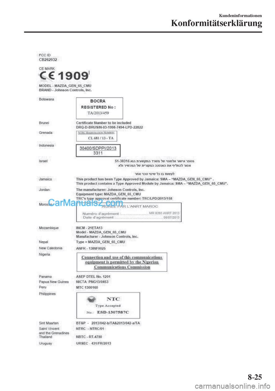 MAZDA MODEL CX-5 2017  Betriebsanleitung (in German) 8–25
Kundeninformationen
Konformitätserklärung
    