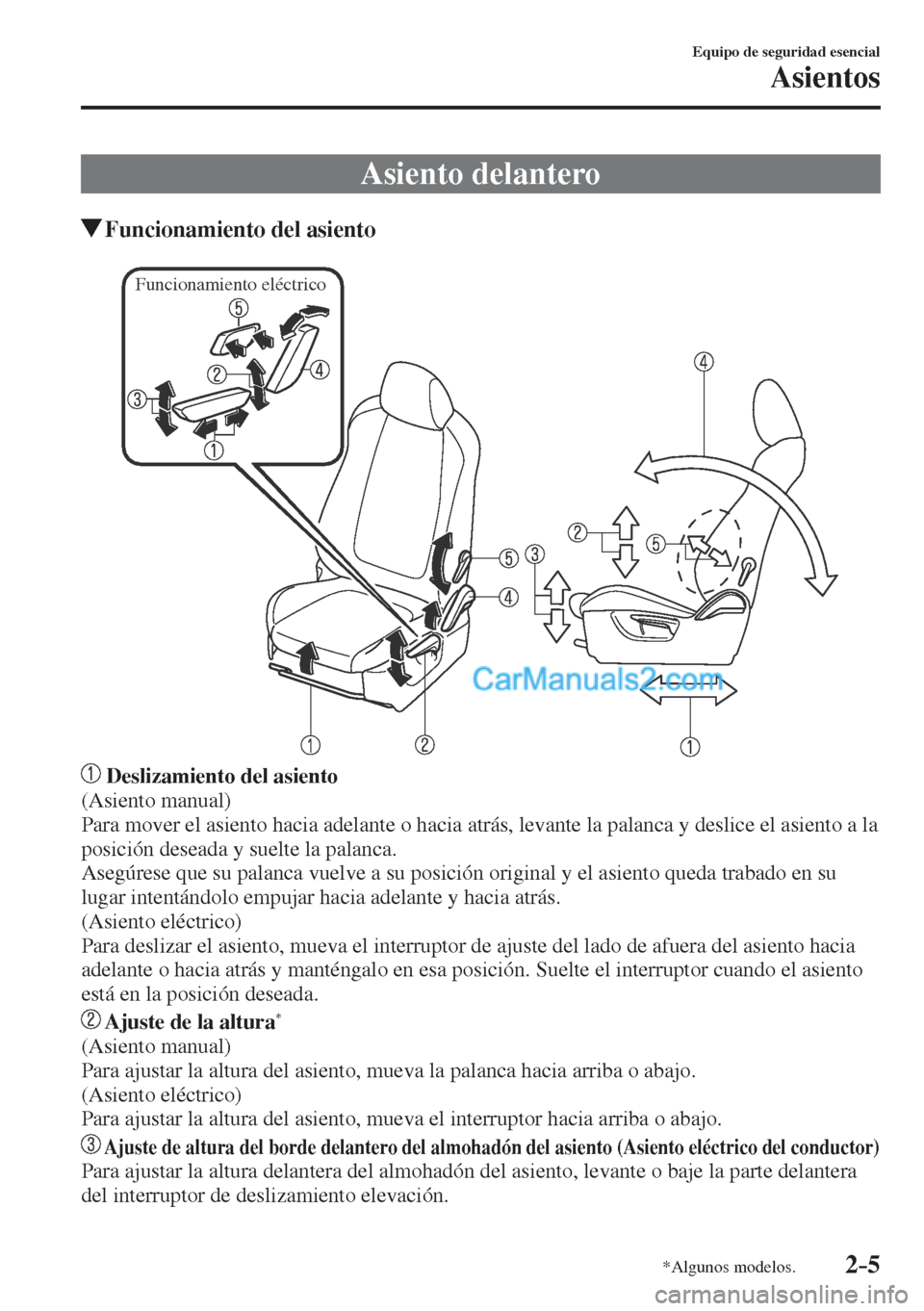 MAZDA MODEL CX-5 2017  Manual del propietario (in Spanish) 2–5
Equipo de seguridad esencial
Asientos
*Algunos modelos.
 Asiento  delantero
                 Funcionamiento del asiento
   
Funcionamiento eléctrico
 
   
    Deslizamiento del asiento 
  (Asie