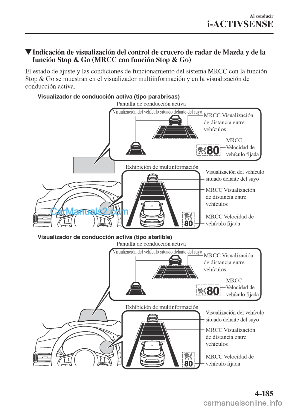 MAZDA MODEL CX-5 2017  Manual del propietario (in Spanish) 4–185
Al conducir
i-ACTIVSENSE
         Indicación de visualización del control de crucero de radar de Mazda y de la 
función Stop & Go (MRCC con función Stop & Go)
            El estado de ajus