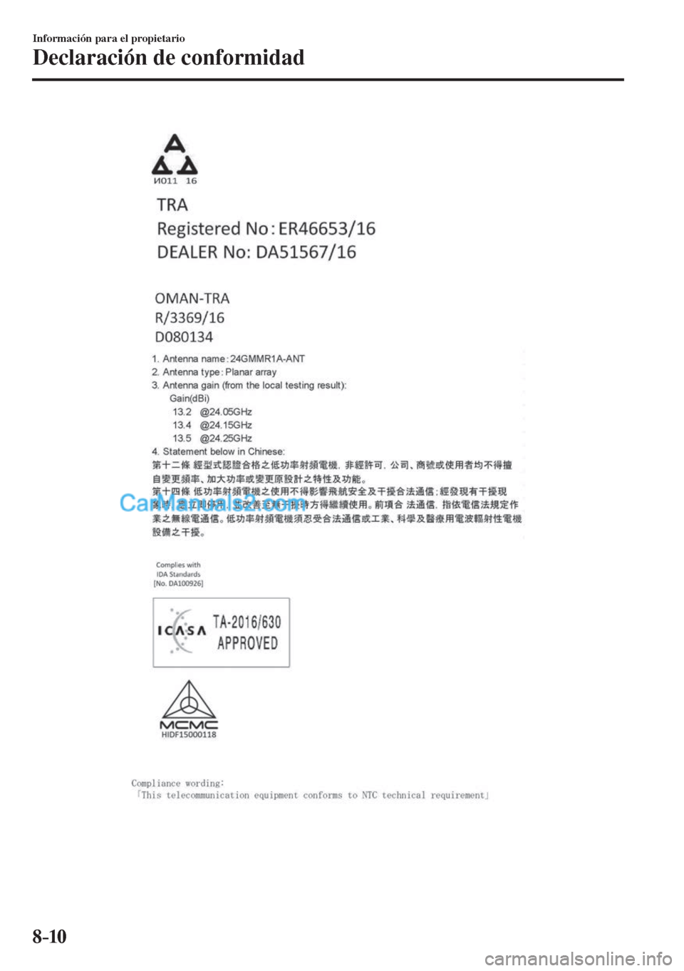 MAZDA MODEL CX-5 2017  Manual del propietario (in Spanish) 8–10
Información para el propietario
Declaración de conformidad
    