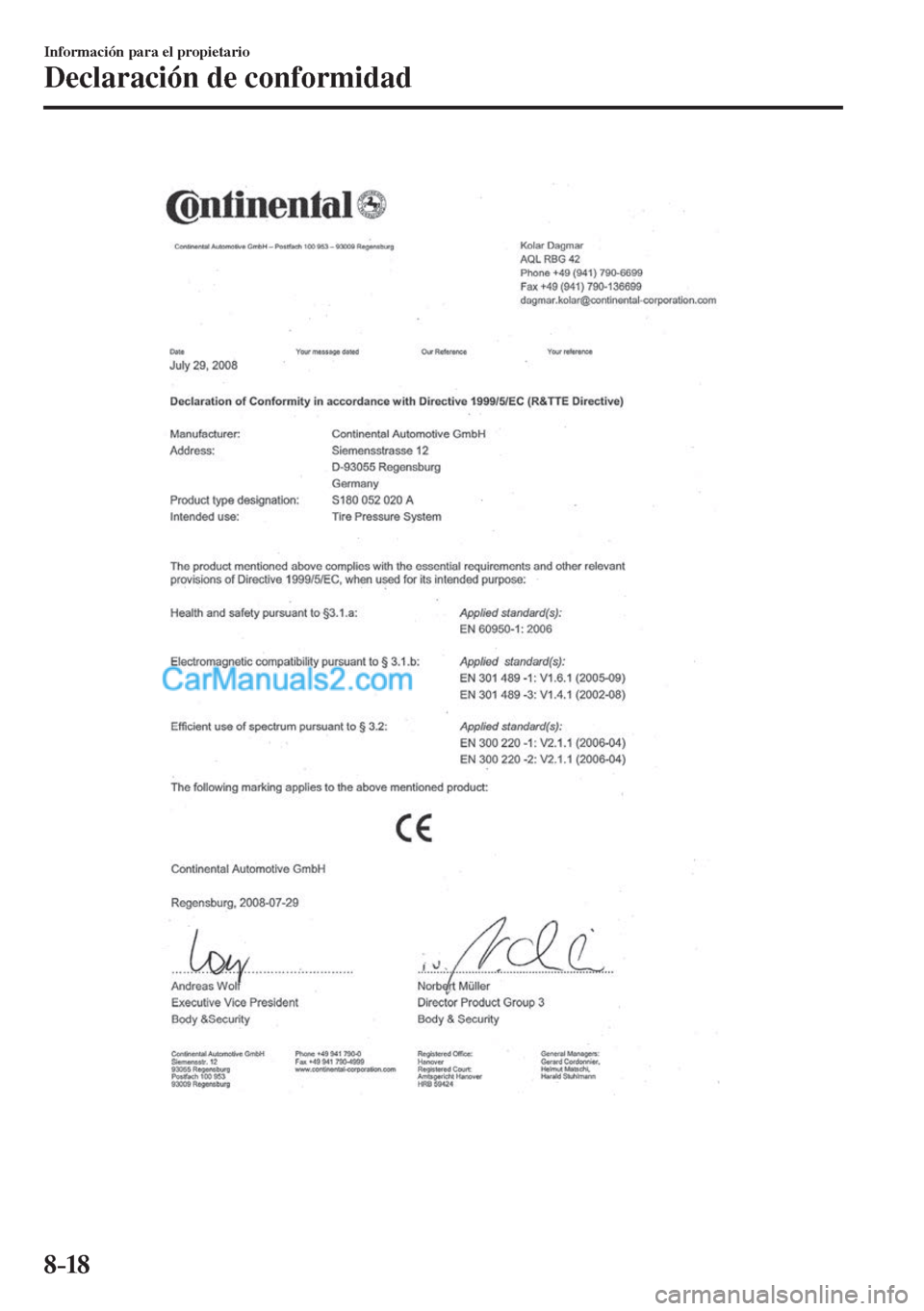 MAZDA MODEL CX-5 2017  Manual del propietario (in Spanish) 8–18
Información para el propietario
Declaración de conformidad
    