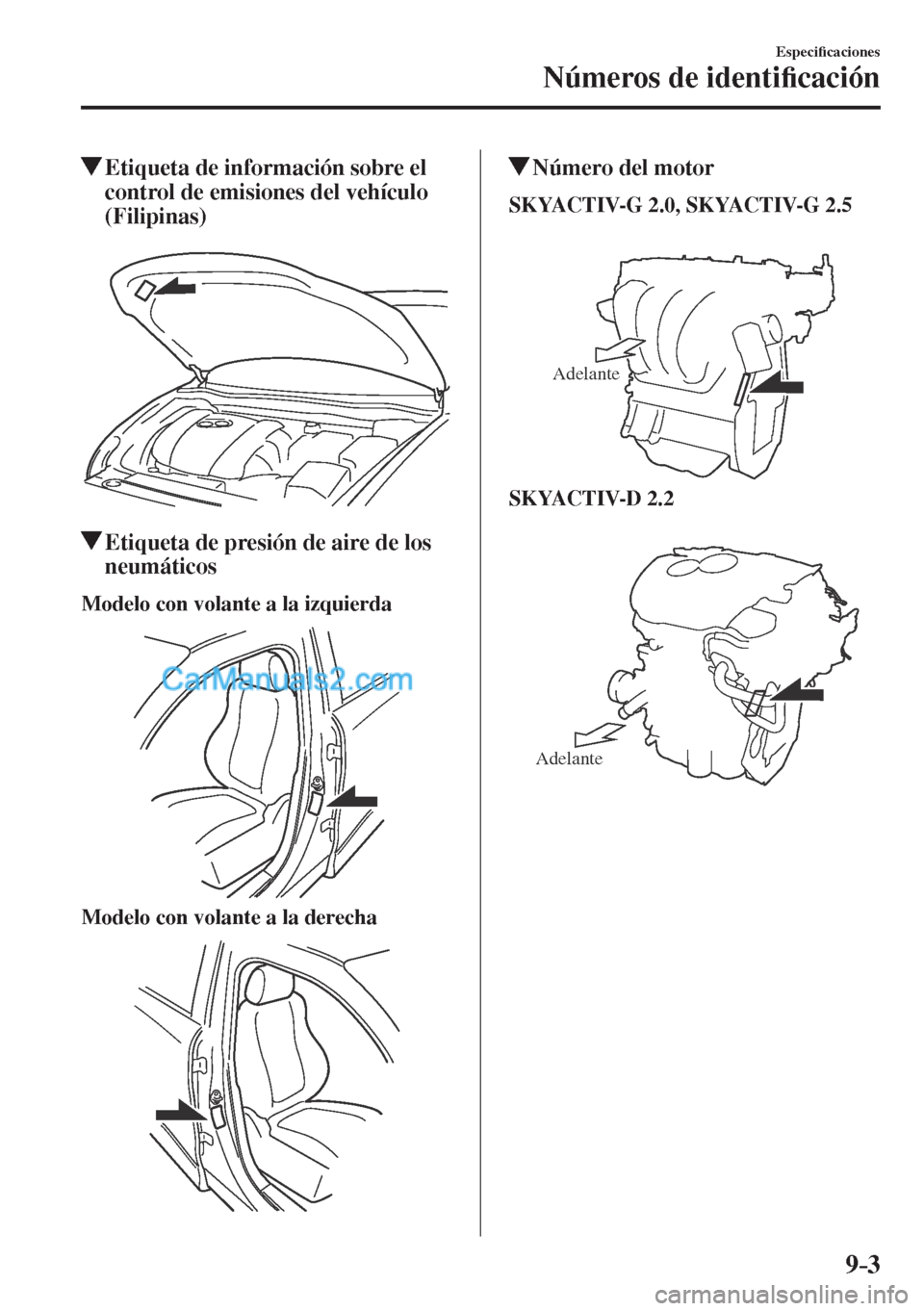 MAZDA MODEL CX-5 2017  Manual del propietario (in Spanish) 9–3
Especi�¿ caciones
Números de identi�¿ cación
          Etiqueta de información sobre el 
control de emisiones del vehículo 
(Filipinas)
    
          Etiqueta de presión de aire de los 

