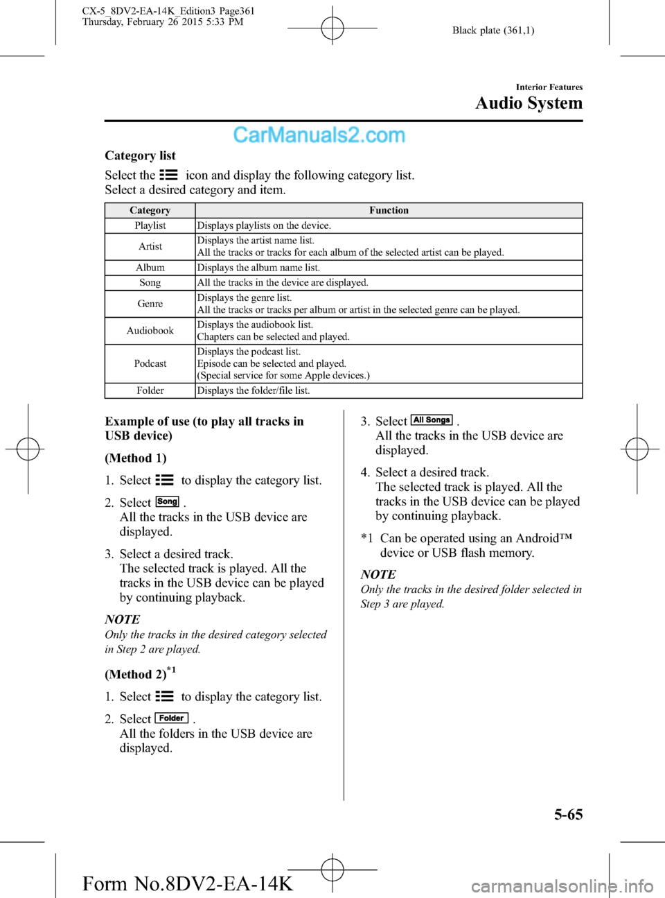 MAZDA MODEL CX-5 2016  Owners Manual (in English) Black plate (361,1)
Category list
Select the
icon and display the following category list.
Select a desired category and item.
Category Function
Playlist Displays playlists on the device.
ArtistDispla