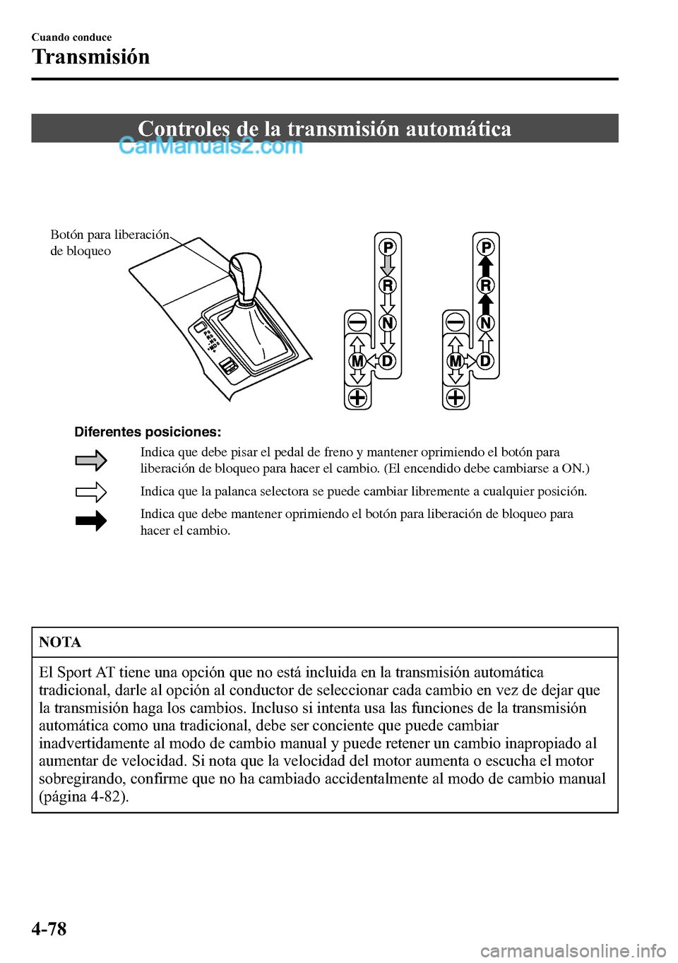 MAZDA MODEL CX-5 2016  Manual del propietario (in Spanish) Controles de la transmisión automática
Indica que la palanca selectora se puede cambiar libremente a cualquier posición.
Indica que debe mantener oprimiendo el botón para liberación de bloqueo pa