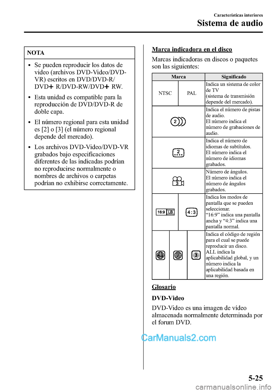 MAZDA MODEL CX-5 2016  Manual del propietario (in Spanish) NOTA
lSe pueden reproducir los datos de
video (archivos DVD-Video/DVD-
VR) escritos en DVD/DVD-R/
DVD
R/DVD-RW/DVDRW.
lEsta unidad es compatible para la
reproducción de DVD/DVD-R de
doble capa.
lEl n