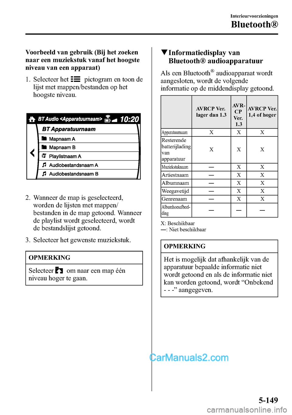 MAZDA MODEL CX-5 2016 Handleiding (in Dutch) Voorbeeld van gebruik (Bij het zoeken
naar een muziekstuk vanaf het hoogste
niveau van een apparaat)
1. Selecteer het
pictogram en toon de
lijst met mappen/bestanden op het
hoogste niveau.
2. Wanneer MAZDA MODEL CX-5 2016 Handleiding (in Dutch) Voorbeeld van gebruik (Bij het zoeken
naar een muziekstuk vanaf het hoogste
niveau van een apparaat)
1. Selecteer het
pictogram en toon de
lijst met mappen/bestanden op het
hoogste niveau.
2. Wanneer